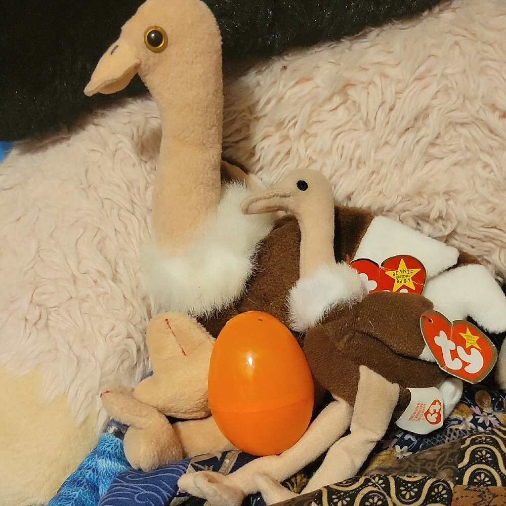 Ty Beanie Babies Ostrich Plush Toy "Stretch" & Teenie Beanie Baby W/ Easter Egg